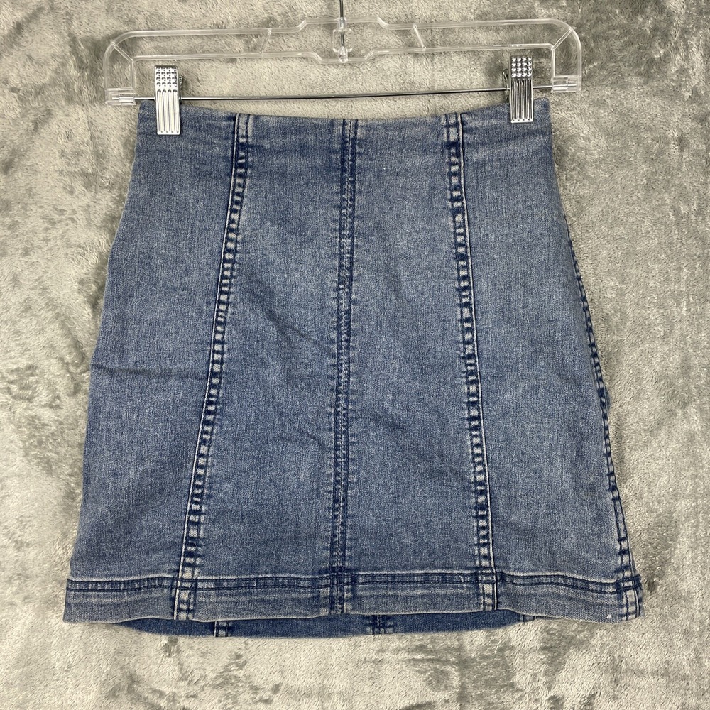 Free People Skirt Womens 0 Blue Denim Mini Boho Beachy Festival Stretch